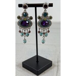 Reina Chandelier Earrings Boho Jewel Tone Dangle Beaded Silver Tone NOS